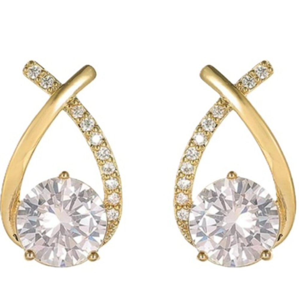 Crossed Waterdrop Gold Plated Stainless Steel & Lab Created Diamond Earrings
